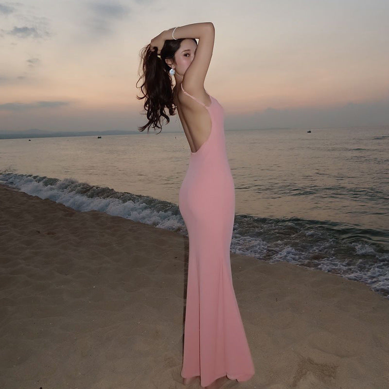 Sexy Suspenders Backless Vacation Dress Women Summer Sexy Fishtail Dress