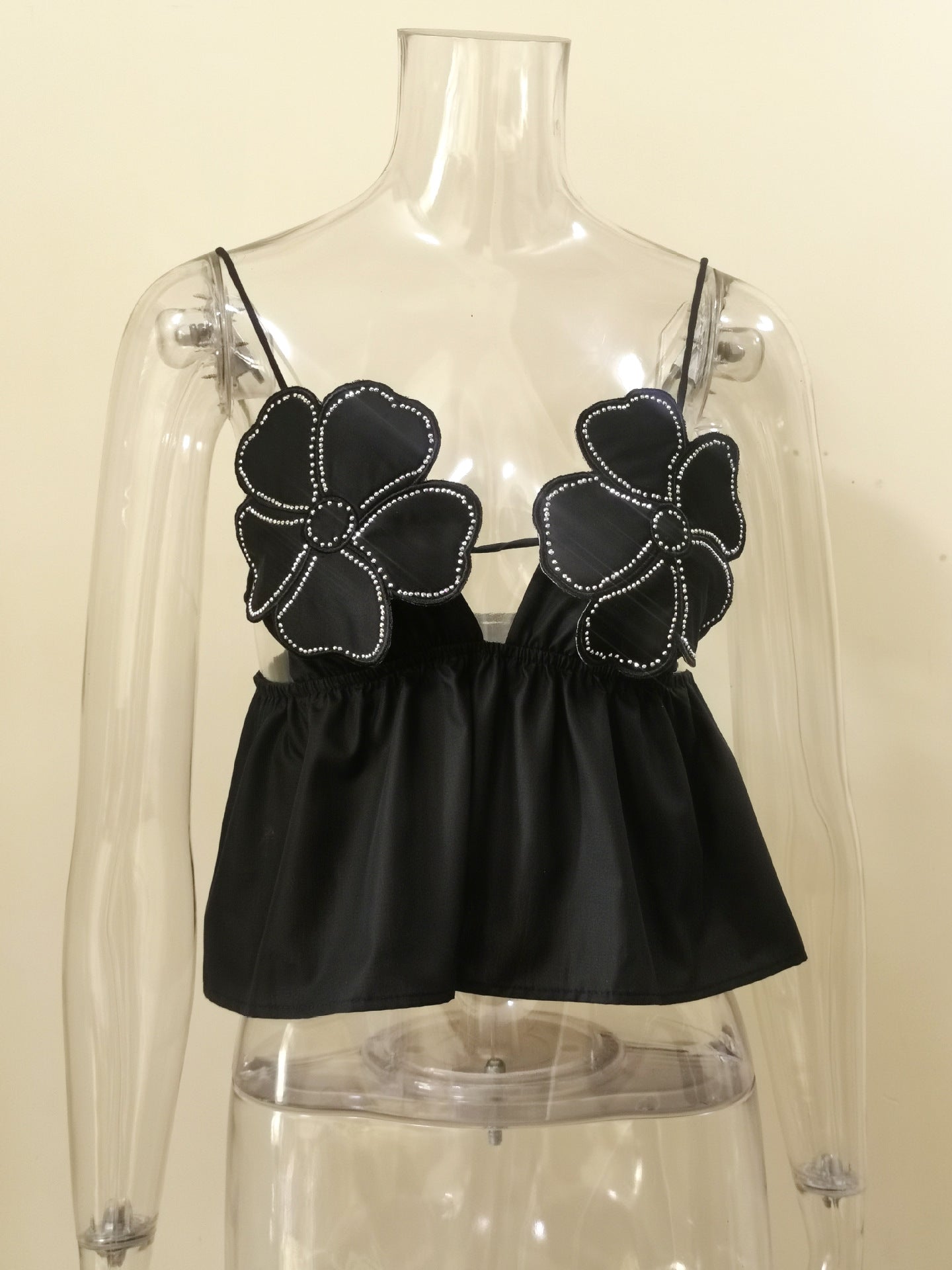 Autumn Winter Sexy Deep V Plunge neck Rhinestone Floral Camisole