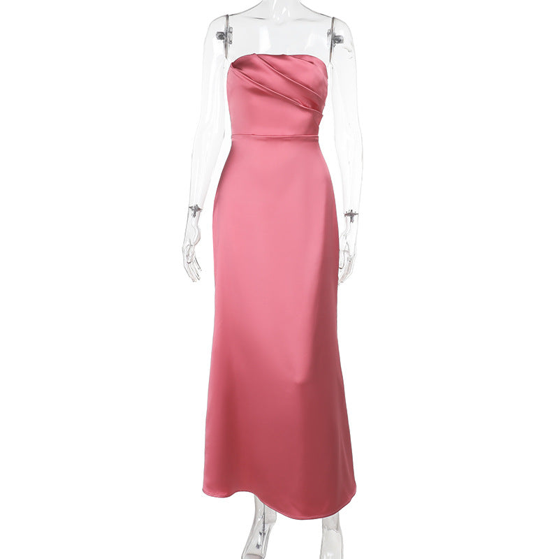 Women Tube Top Sexy Backless Satin Dress Elegant Dress