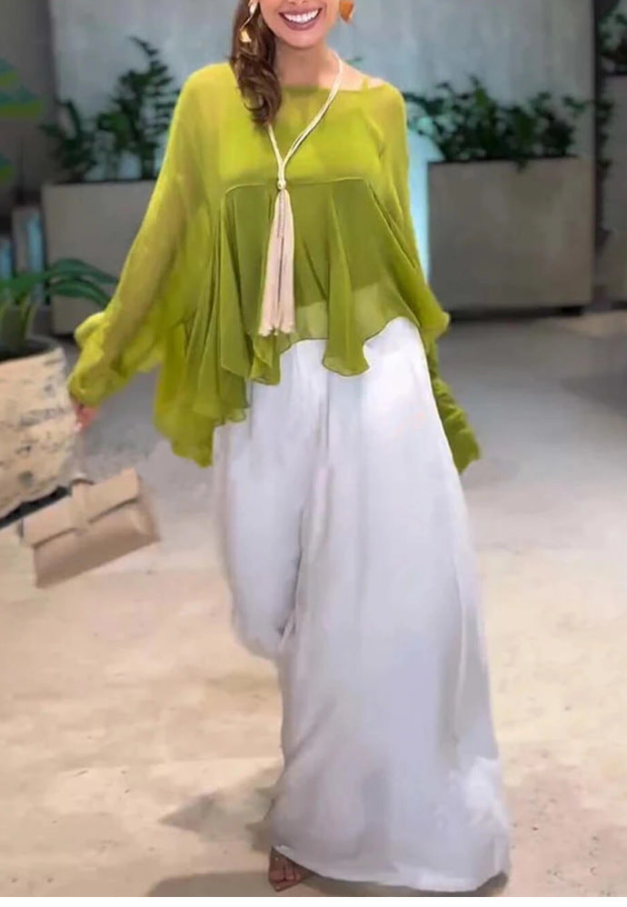 Women Clothing Ruffled Long Sleeve Casual Loose Simple Two Piece Sets