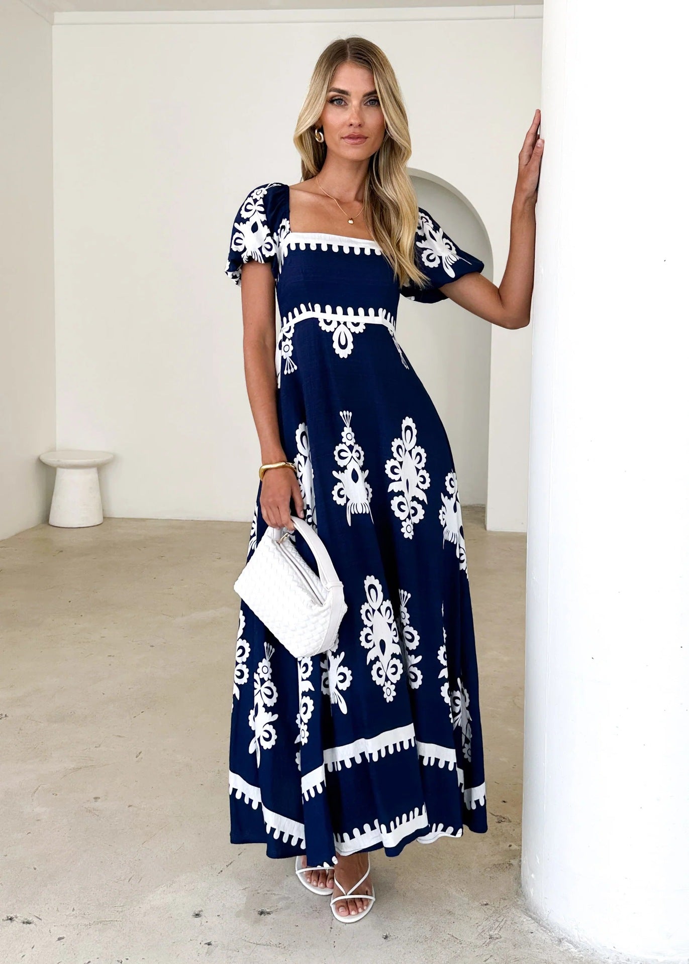 Summer Women Clothing Vacation Printed Beach Dress Smocking Dress Women