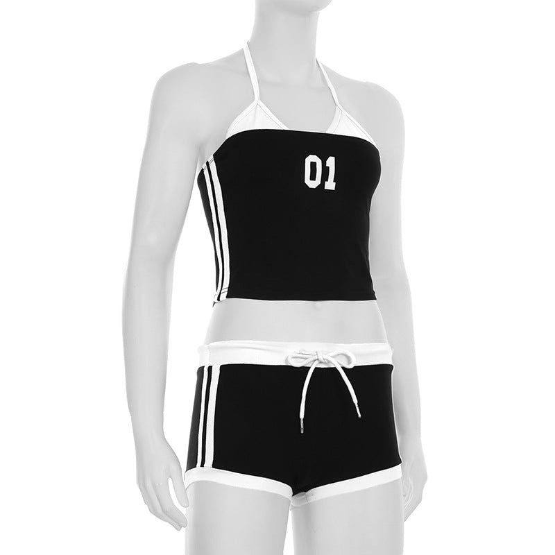 Casual Digital Printing Halter Lace up Vest Striped Contrast Color Street Sports Two Piece Sets