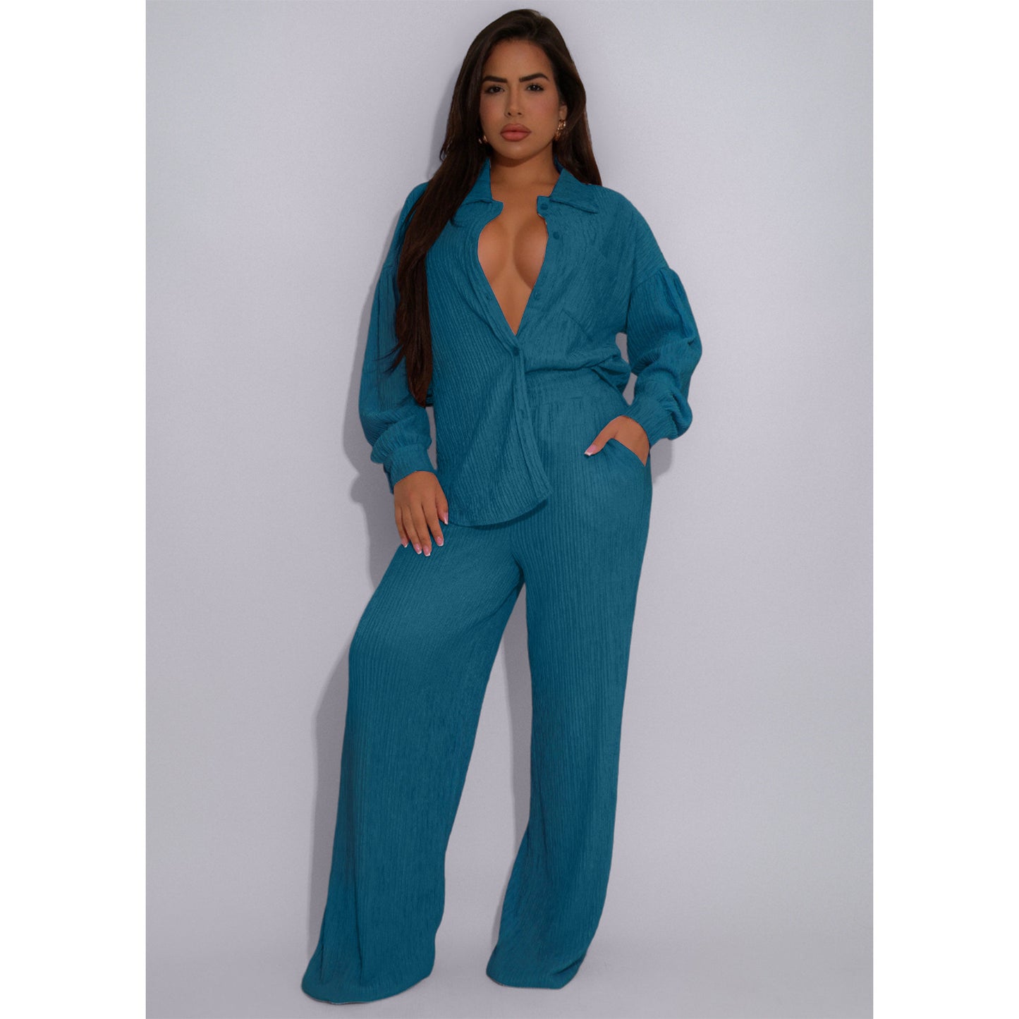 Women Elastic Crumpled Lace up Multi Pocket Swing Pants Wide Leg Pants Two Piece Sets
