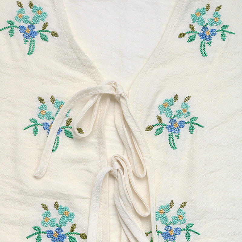 Summer Bow Bandage Shirt Embroidered Cardigan Top Women