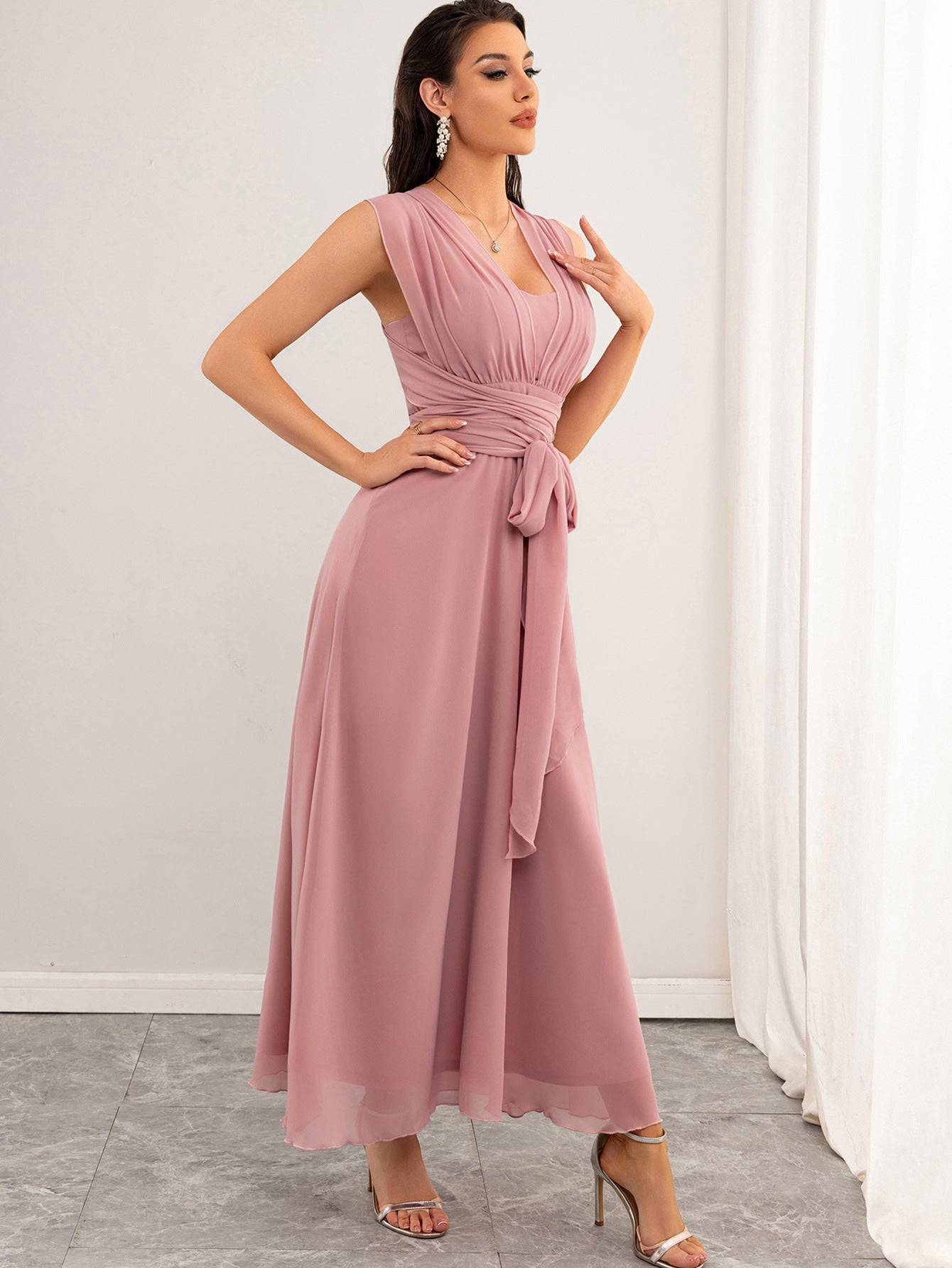 Women Clothing Sexy Backless Chiffon Pink Dress Maxi Dress Summer