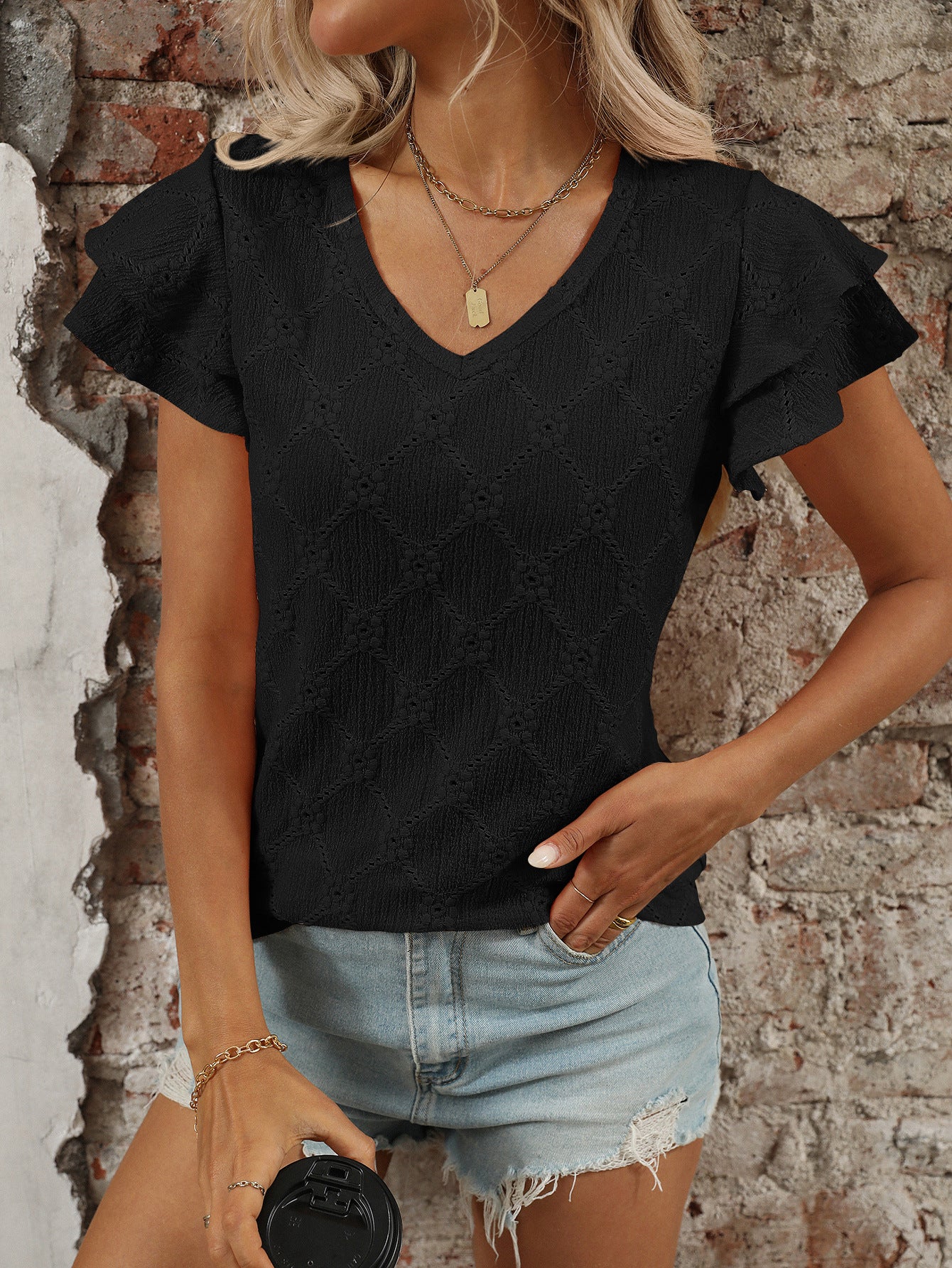 Women Clothing Spring Summer Solid Color V neck Sweet Short Sleeved T shirt Hollow Out Cutout Top