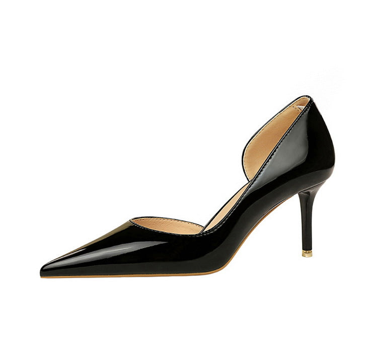 Simple Stiletto Heel Shiny Patent Leather Shallow Mouth Pointed Side Hollow Out Cutout High Heels Women Shoes