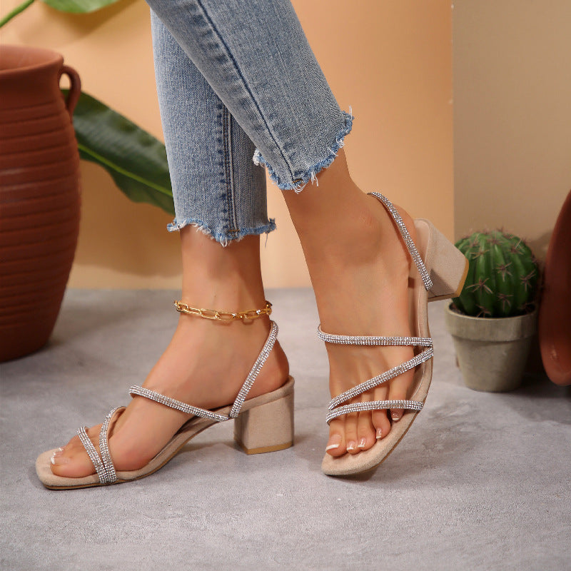Chunky Heel Rhinestone Thin Strap Mid Heel Sandals Women Two Way Square Toe Slippers