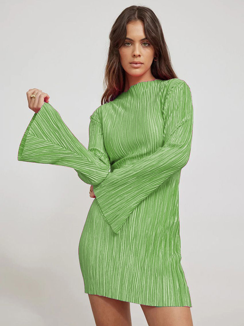 Autumn Winter Popular Pleated Skinny Sheath Bell Sleeve Short Dress