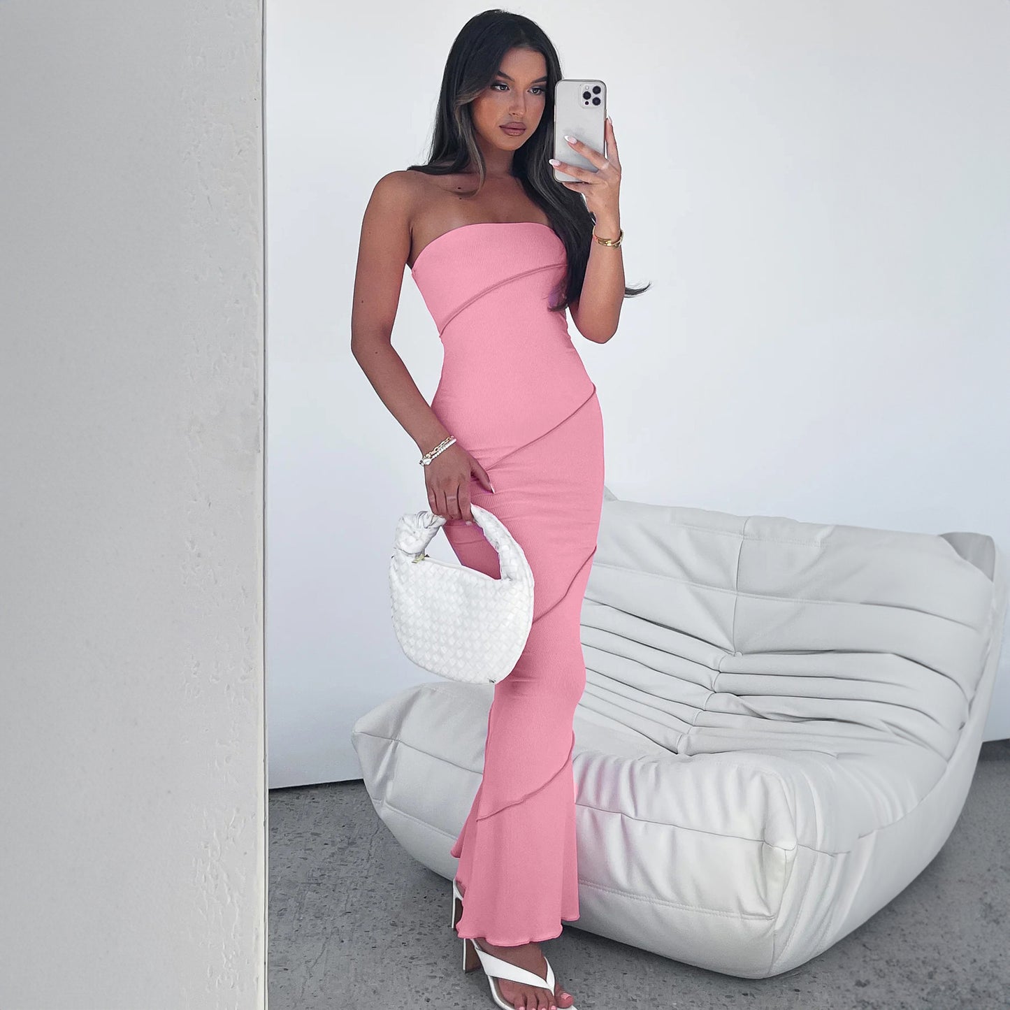 Women Clothing Summer Wrapped Chest Striped Solid Color Sunken Stripe Sleeveless Slim Fit Dress