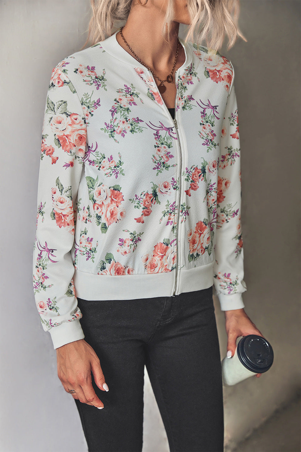 Autumn Winter Women Clothing Printing Thread Collar Zip Long Sleeve Coat