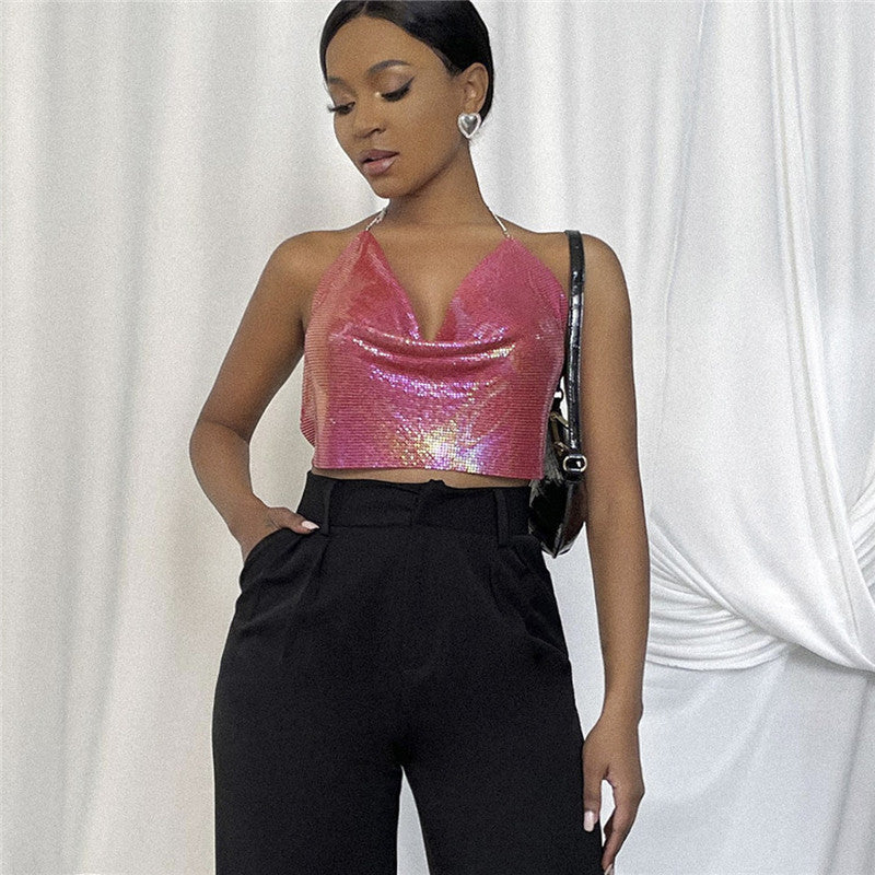 Summer Sexy Metal Sequ Backless Halter Sling