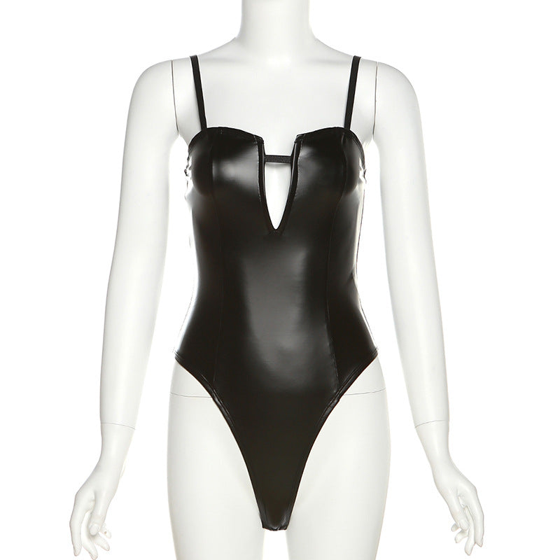 Spring Women Clothing Suspender Slim Fit Backless Faux Leather Inner Jumpsuit