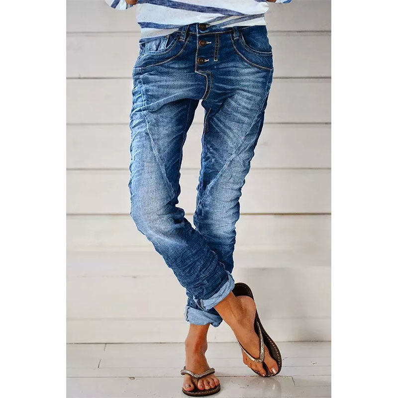 Ripped Denim Drawstring Elastic Waist Washed Women Casual Pants Tide