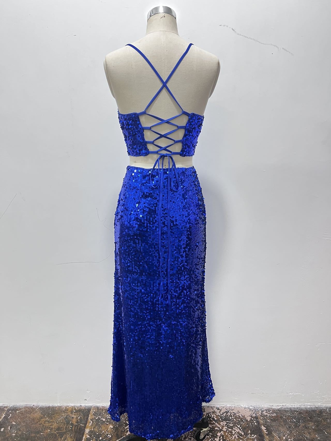 Women Clothing Sequined Lace up Two Piece Long Sexy Skirt Sets