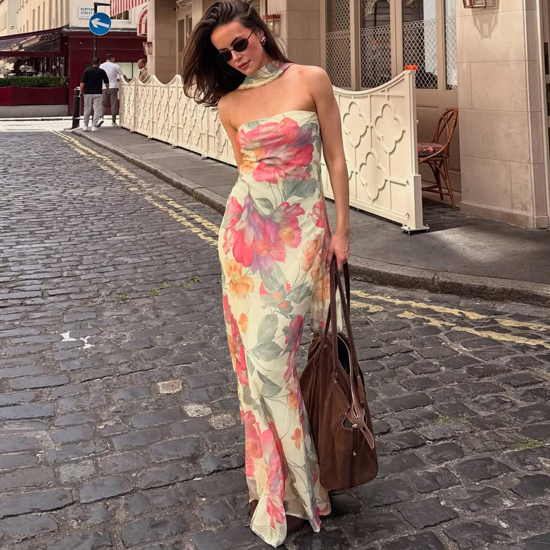 Fall Women Clothing Elegant Slim Fit Scarf Collar Sexy Backless Tube Top Printed Dress Women