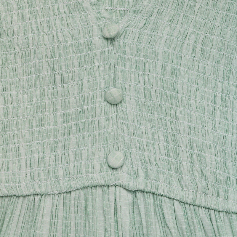 Summer V neck Split Fresh Light Green Texture Dress