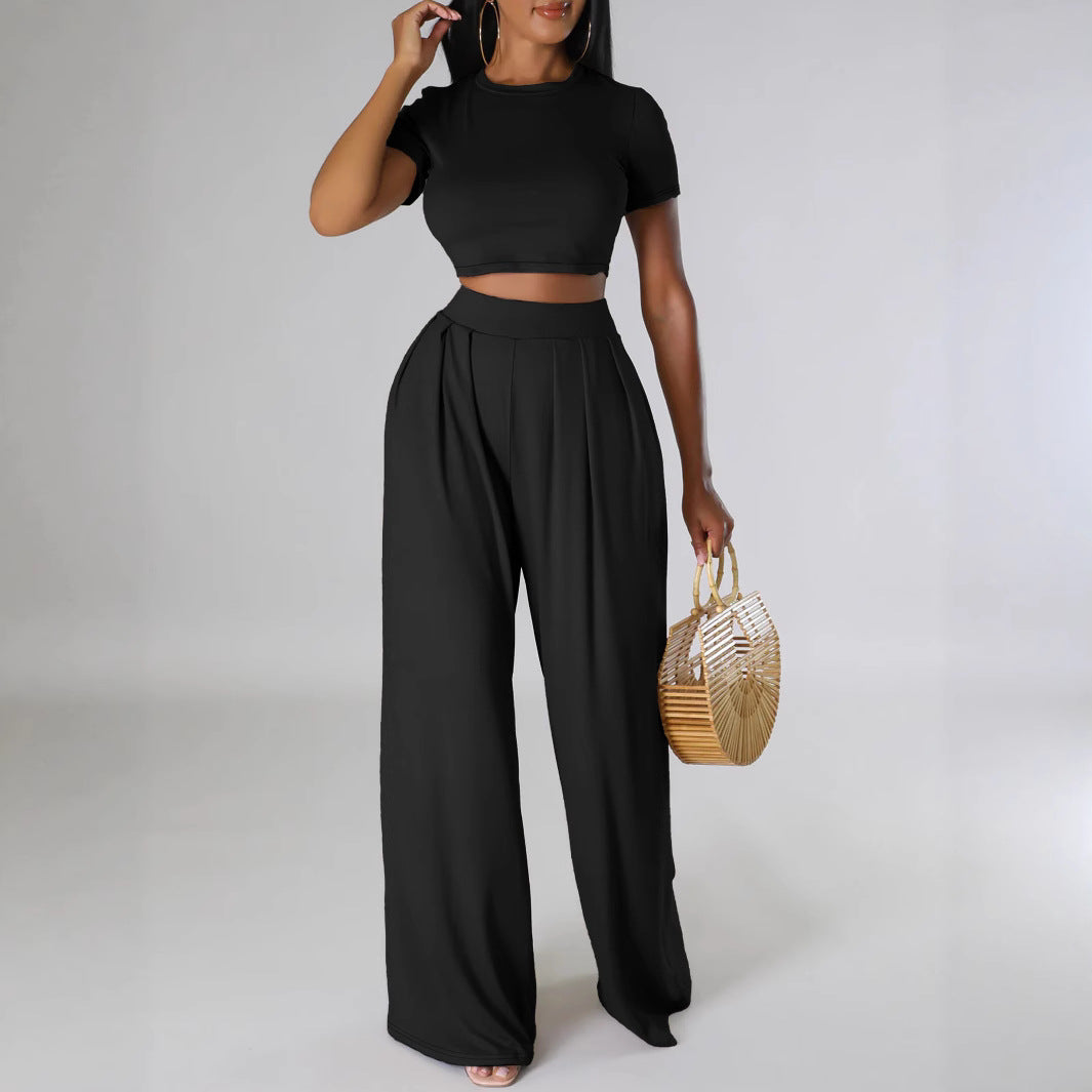 Summer Casual Cropped Top Solid Color Wide Leg Pants Two Piece Set