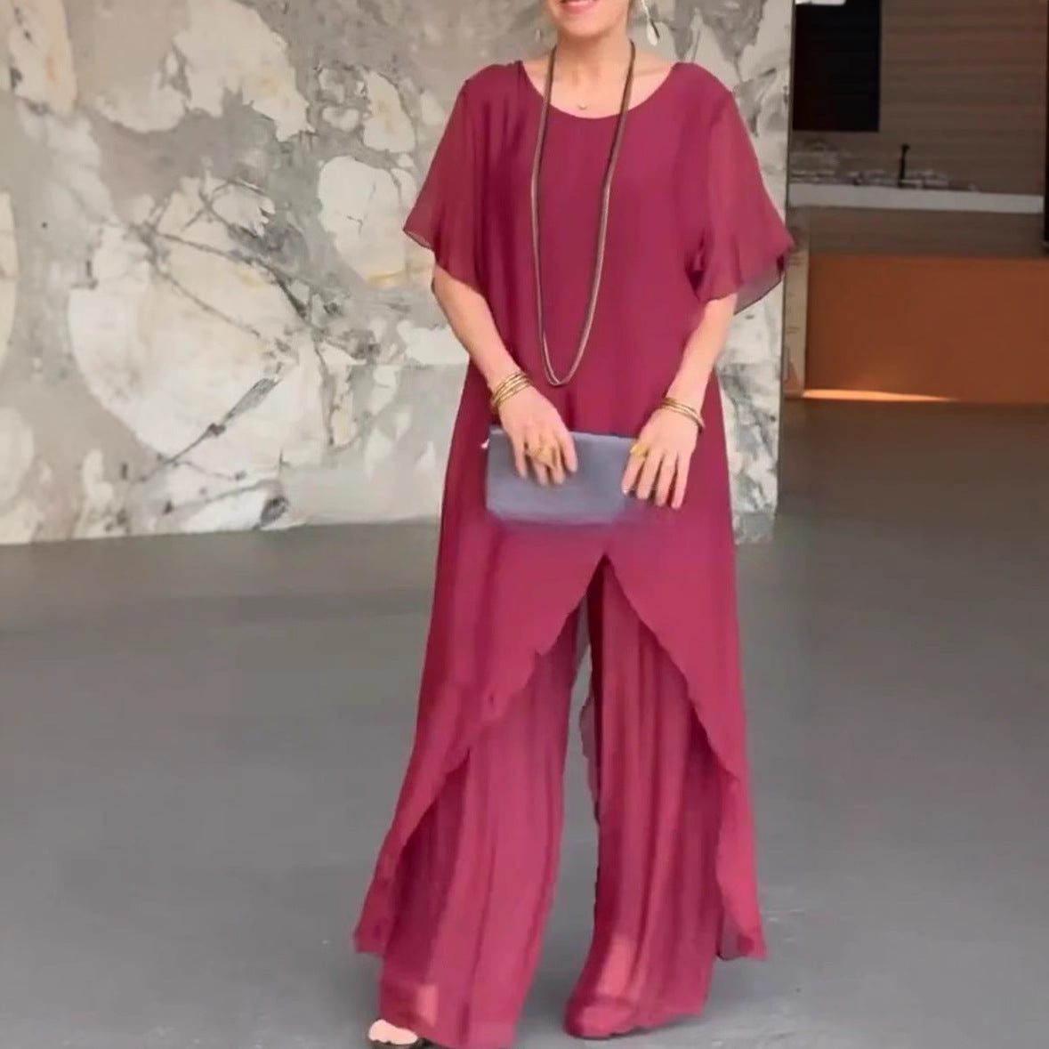 Independent Stand Color Long Irregular Asymmetric Top Loose Trousers Chiffon Two Piece Sets Women