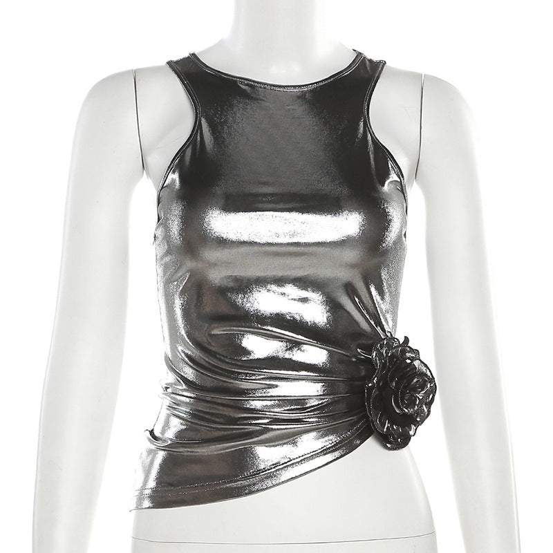 Metallic Coated Fabric Women Clothing Summer Women Clothing Solid Color Sexy Floral off Shoulder Vest for Women