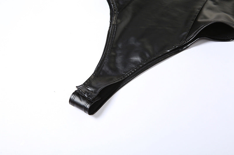 Spring Women Clothing Suspender Slim Fit Backless Faux Leather Inner Jumpsuit