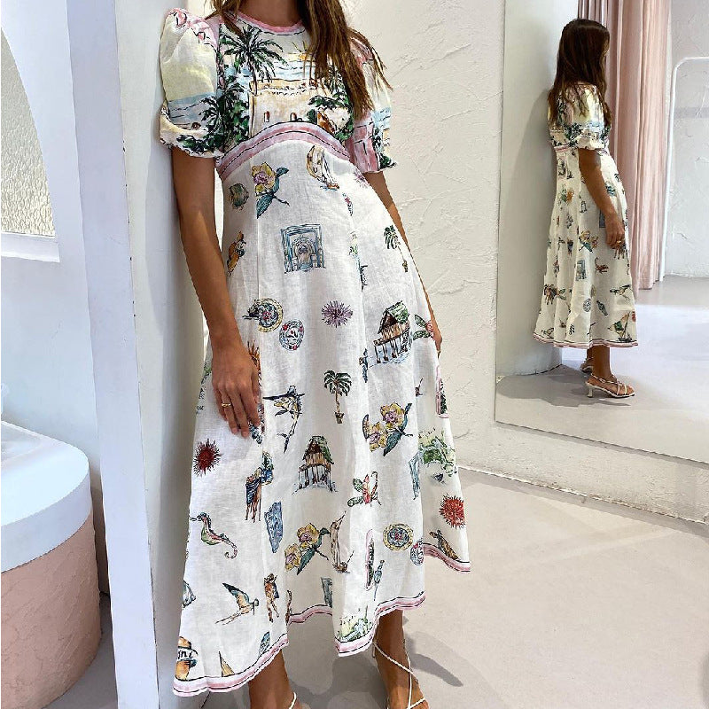 Summer Casual Printed Cotton Linen Round Neck Short Sleeve Dress Women Amplified craft