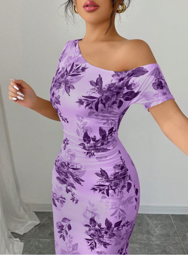 Printed Shoulder High Waist Sheath Dress Slimming Dress