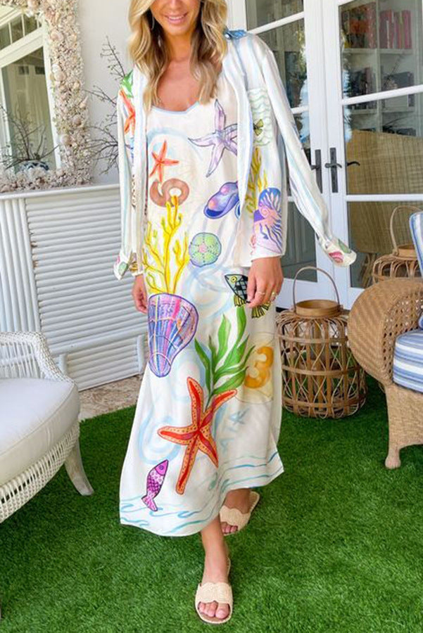 Summer Cool Printed Sling Satin Vacation Loose Dress Women