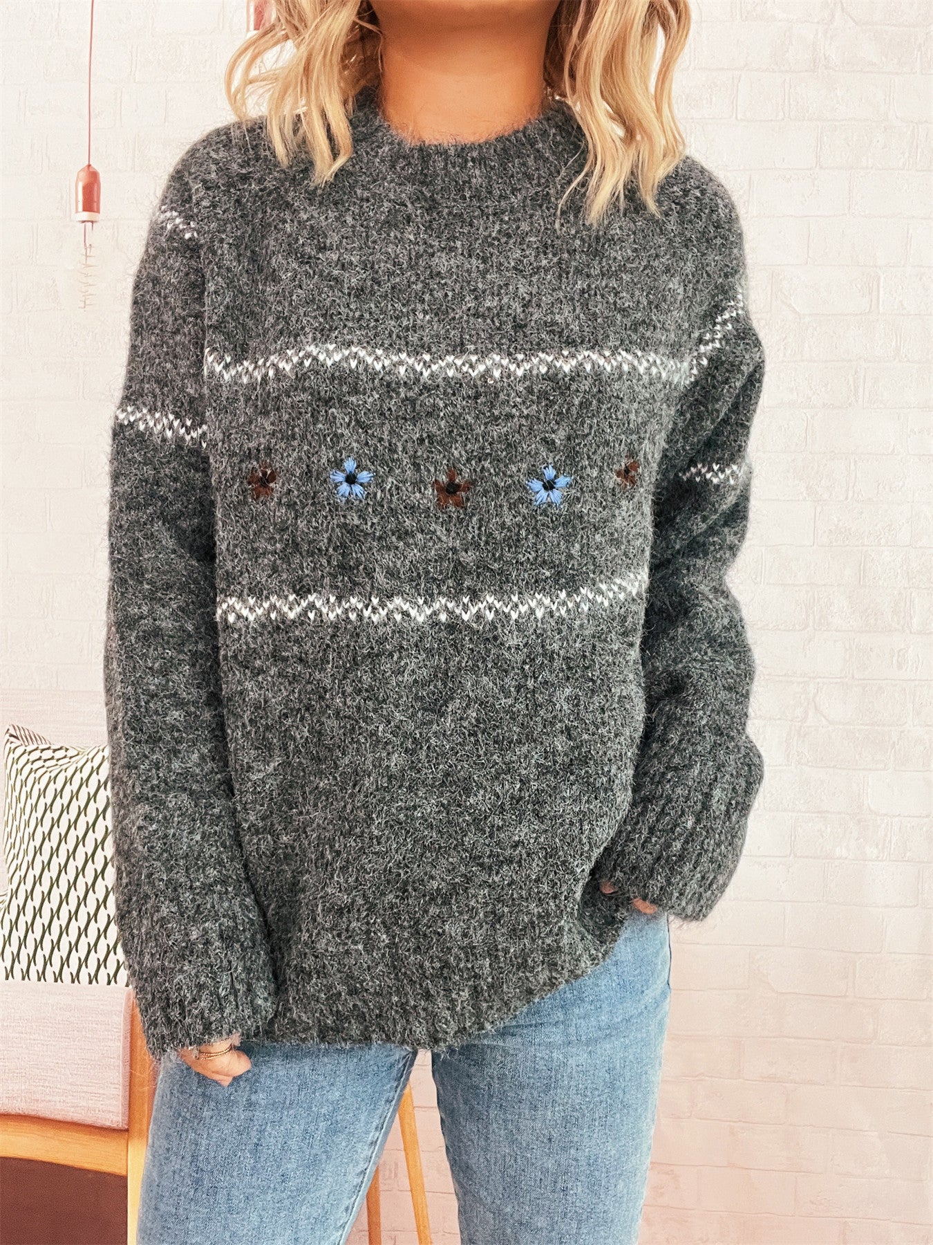 Autumn Winter Clear Cute Floral Embroidery Contrast Color Knitted Pullover Casual Loose Sweater