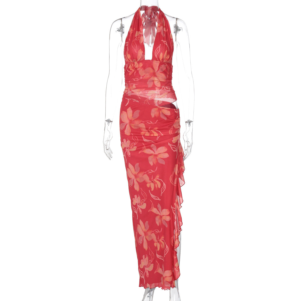 Arrival Women Clothing Sexy Deep V Plunge Wrapped Chest Stitching Cropped Outfit Long Wooden Ear Halter Dress Women