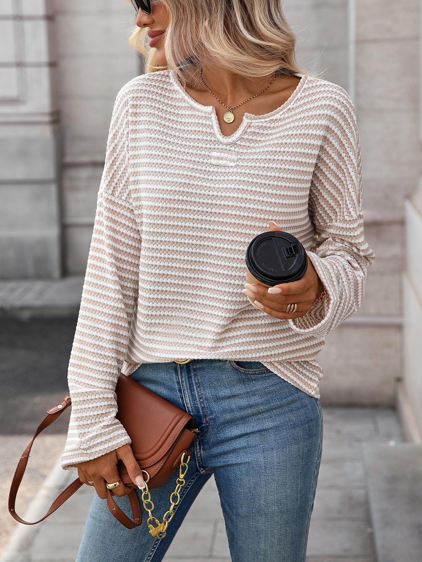 Women Clothing Season Autumn Striped Waffle Knitted Top T shirt Women