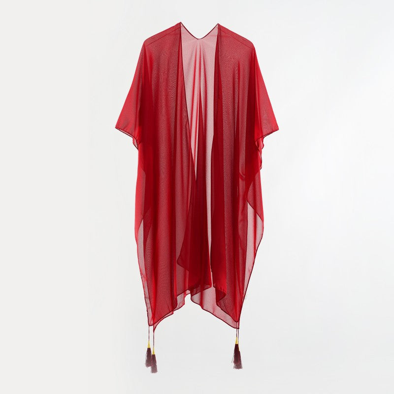 Seaside Blouse See Through Sexy Tassel Thin Cape Solid Color Travel Sun Protection Cardigan