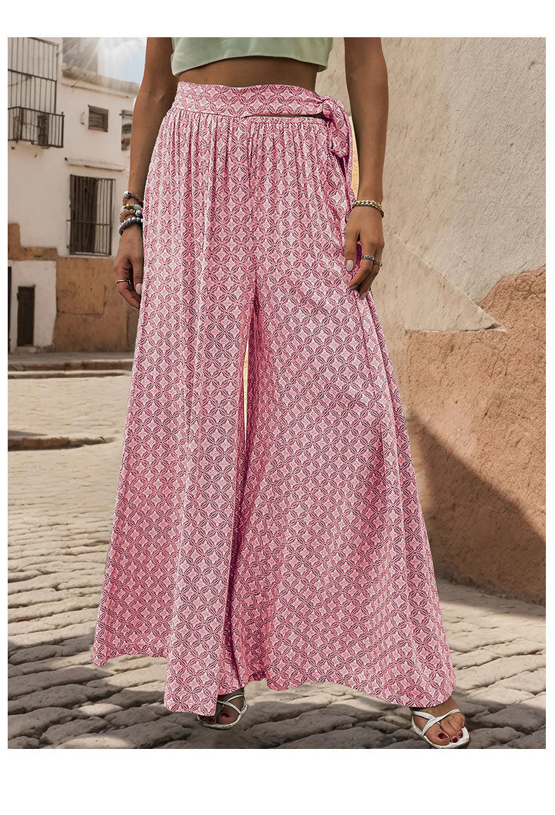 Summer Loose Wide Leg Pants Women Clothing Tied High Waist Casual Printed Trousers