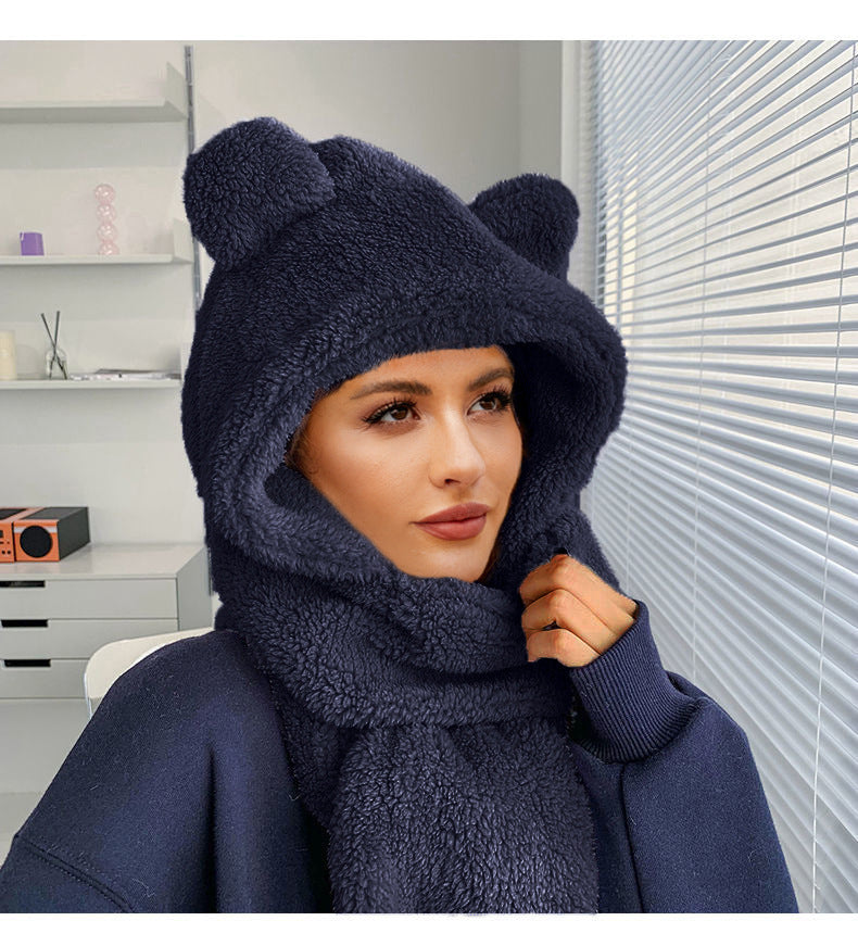 Scarf Hat Integrated Plush Belt Ear Hat Scarf Autumn Winter Warm