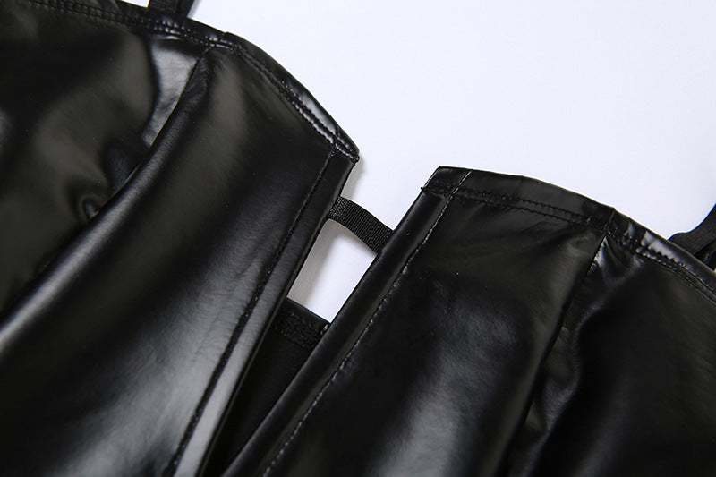 Spring Women Clothing Suspender Slim Fit Backless Faux Leather Inner Jumpsuit
