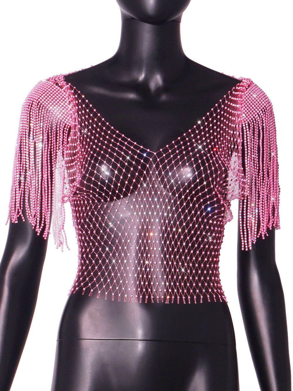 Rhinestone Sexy Fishnet Top Summer Net Drill Rhinestone Women Clothing Short Sleeve Vest