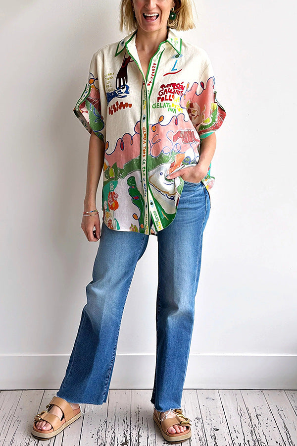 Personalized Graffiti Printing Linen Single Row Multi Buckle Shirt