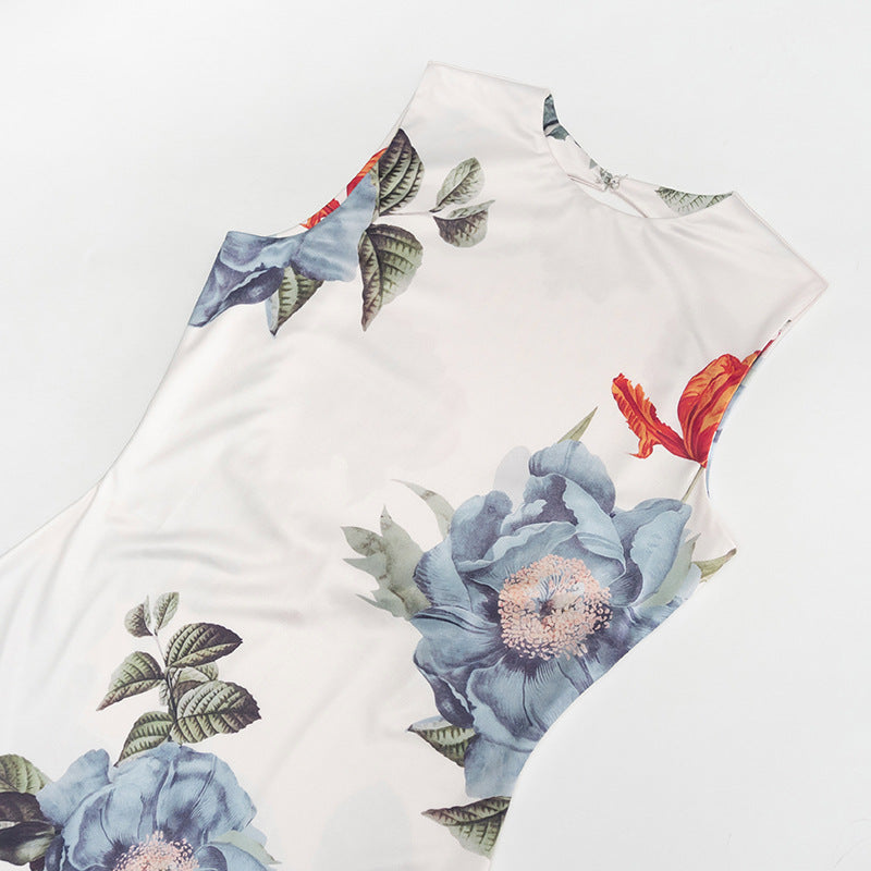 Fashionable Elegant round Neck Sleeveless Pullover Plant Floral Print Slim Fit Maxi Dress