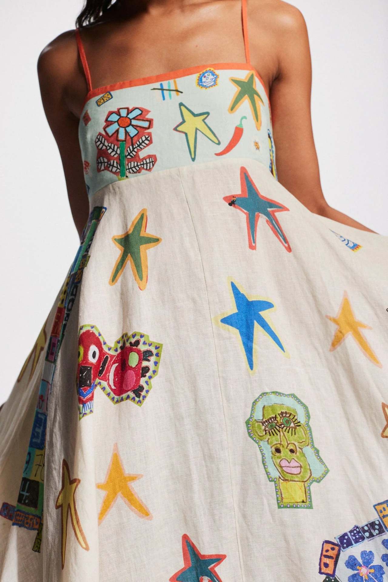 Sexy Graffiti Cotton Linen Printing Positioning Sling Swing Dress