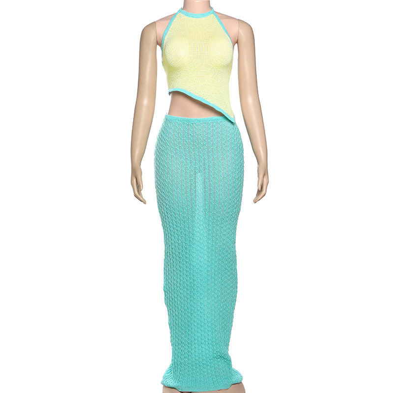 Summer Women Sexy Contrast Color Halter Small Sling Vest Knitted Hollow Out Cutout Skirt Two Piece Sets