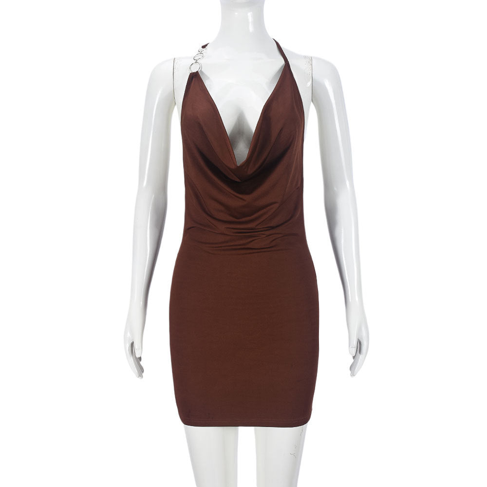 Women Clothing Sexy Slim Strap Deep V Plunge Swing Collar Backless Sheath Dress