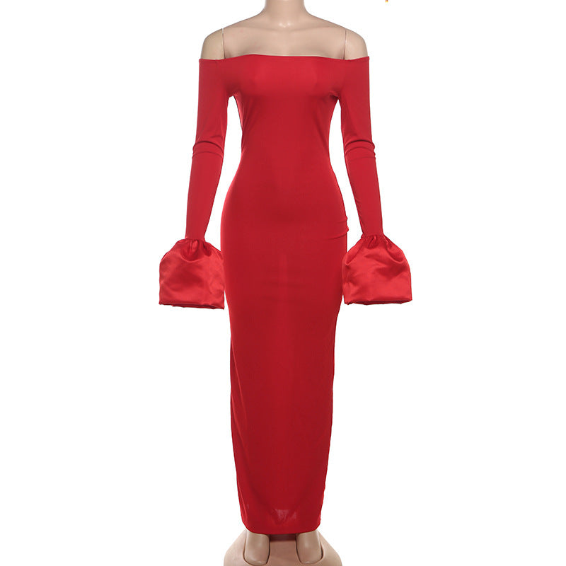 Autumn Winter Women Clothing Sexy off Neck Long Sleeve Puffed Sleeves Split Dress