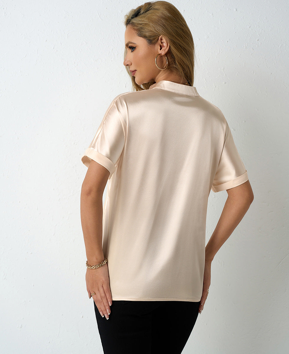 Solid Color Satin Women Clothing with Shoulder Stand Collar Short Sleeve Shirt Satin Shirt
