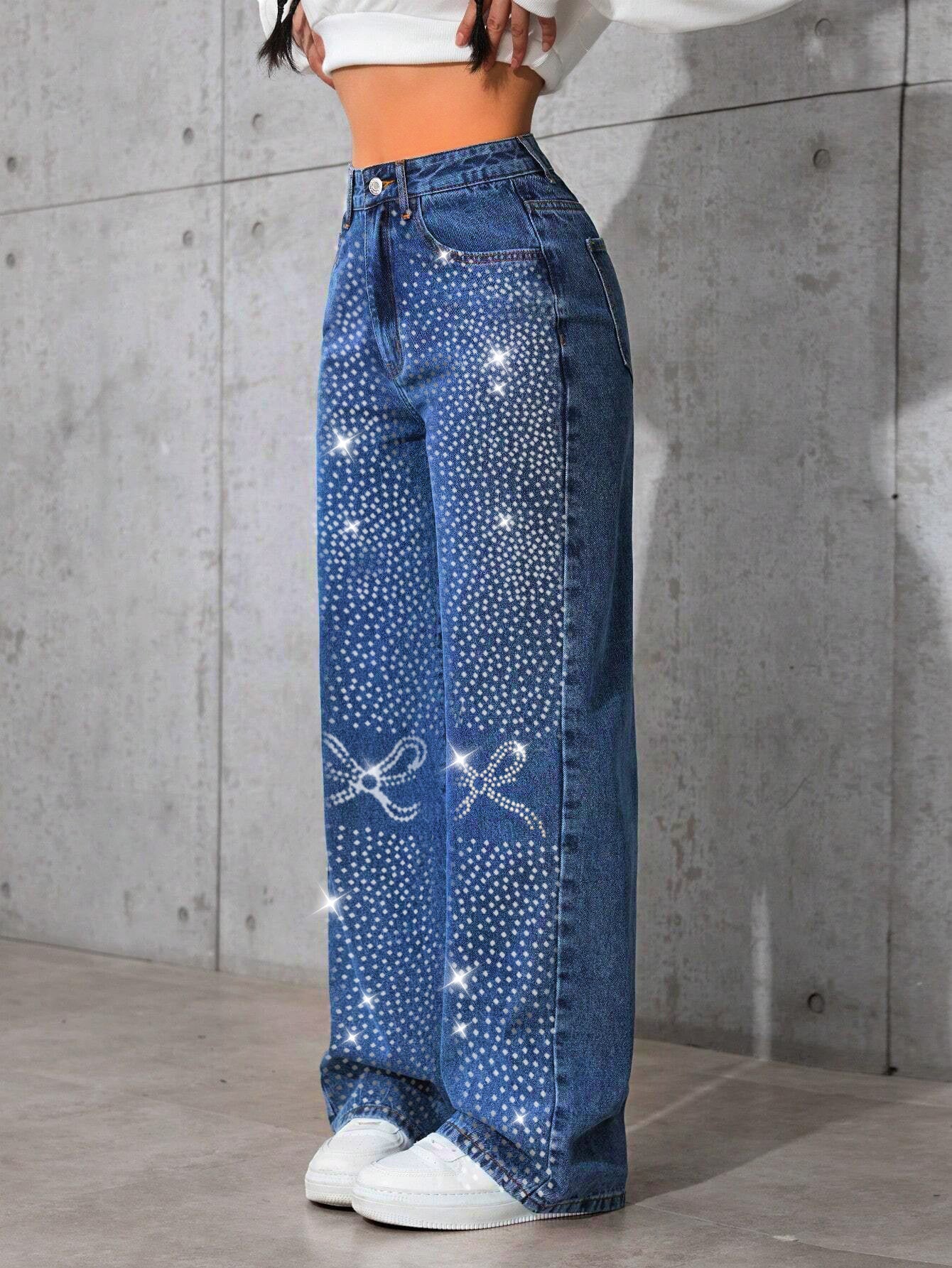 Retro Blue Jeans Women Autumn Winter Rhinestone Butterfly Loose Straight Trousers