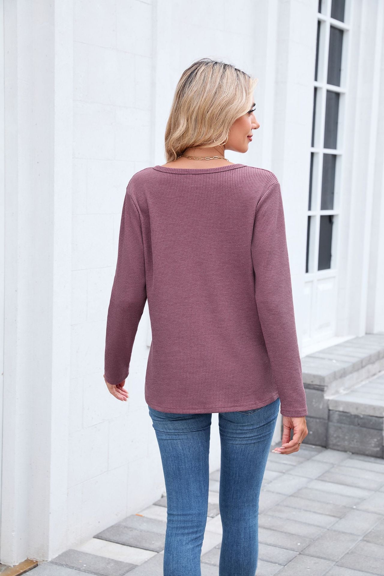 Autumn Winter Waffle Solid Color V neck Loose Long Sleeved T shirt Top Women