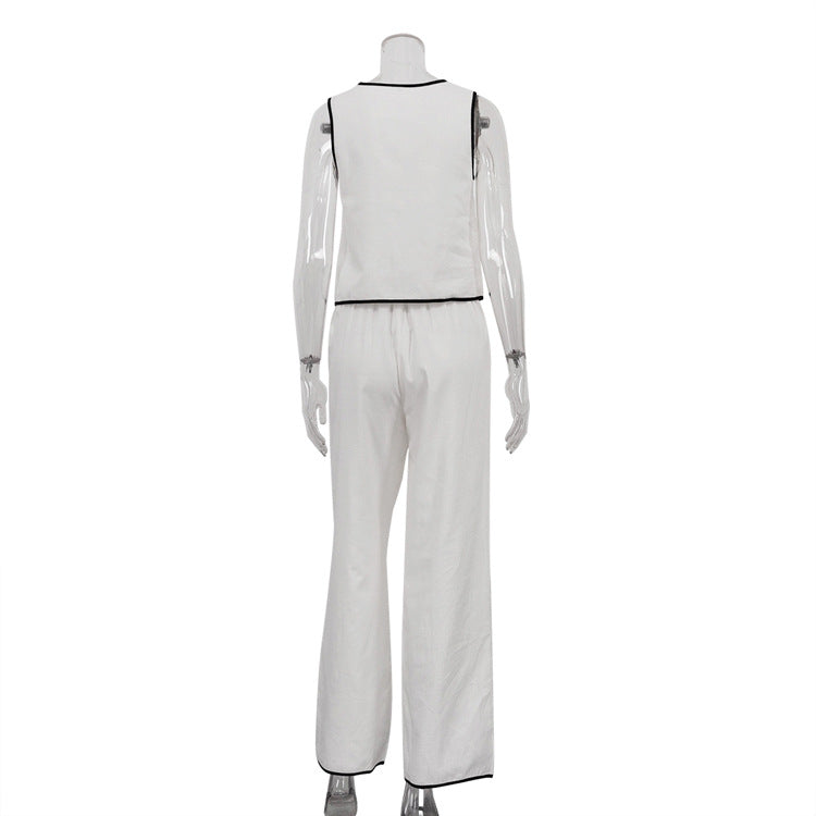 Contrast Color Vest Women Cross Design round Neck Sleeveless Top Split Trousers Two Piece Set