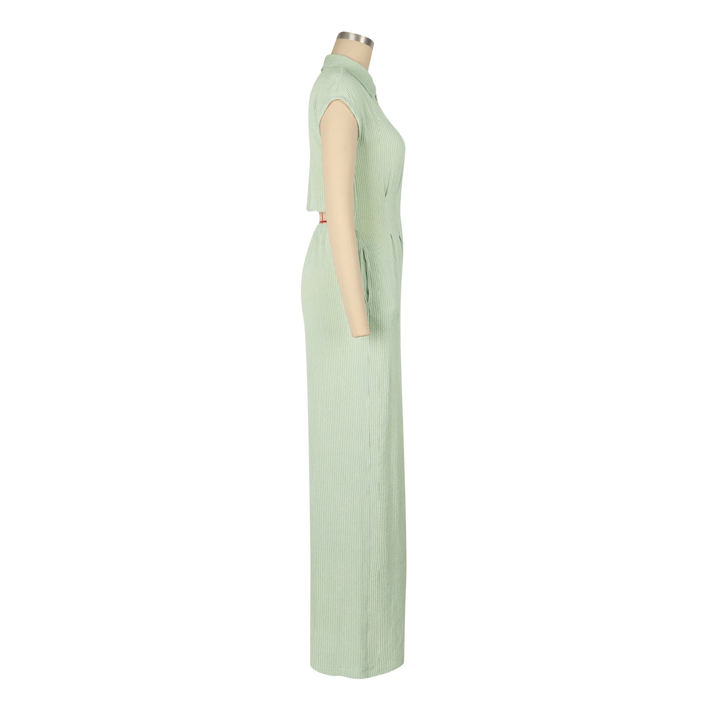 Women Clothing Jumpsuit Striped Collared Slim Shirt Collar Straight Leg Pants Sleeveless Summer