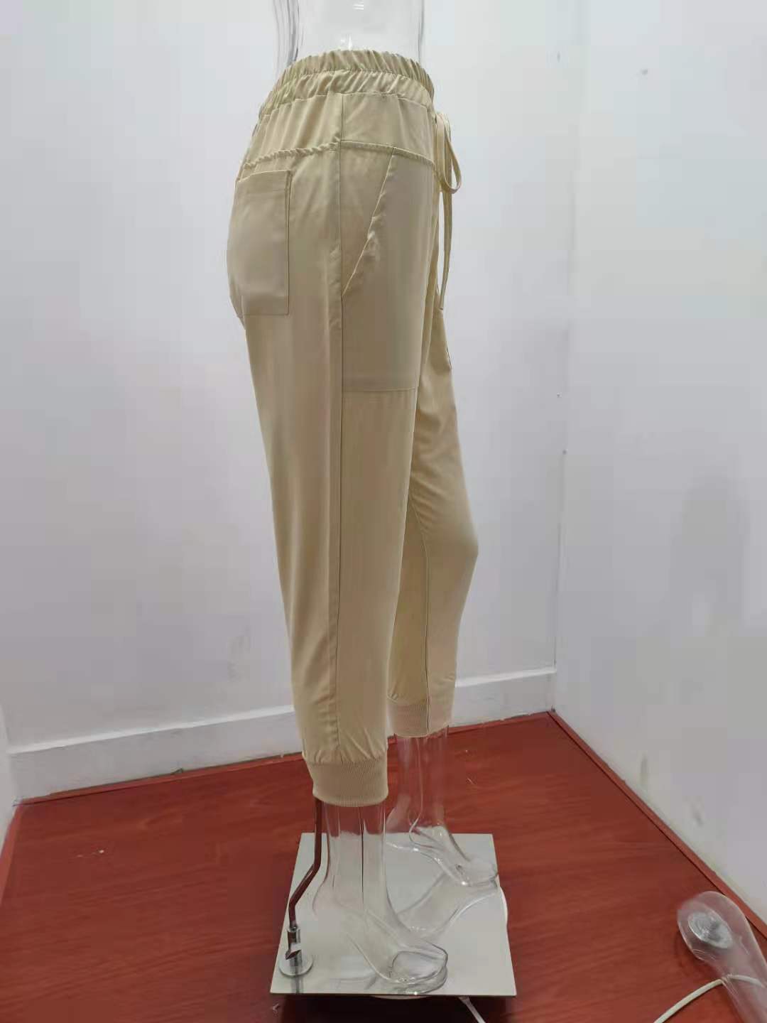 Cotton Linen Solid Color Simple Lace Casual Pants Women Slim Fit Slimming Cropped Skinny Pants