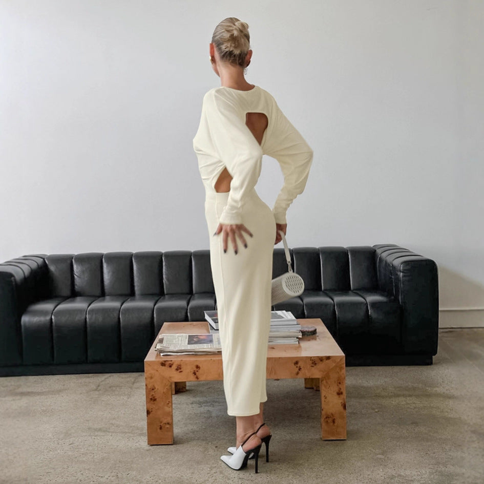 Design Backless Hollow Out Cutout out Dress Autumn Crew Neck Long Sleeve Gentle Simple Hip Dress