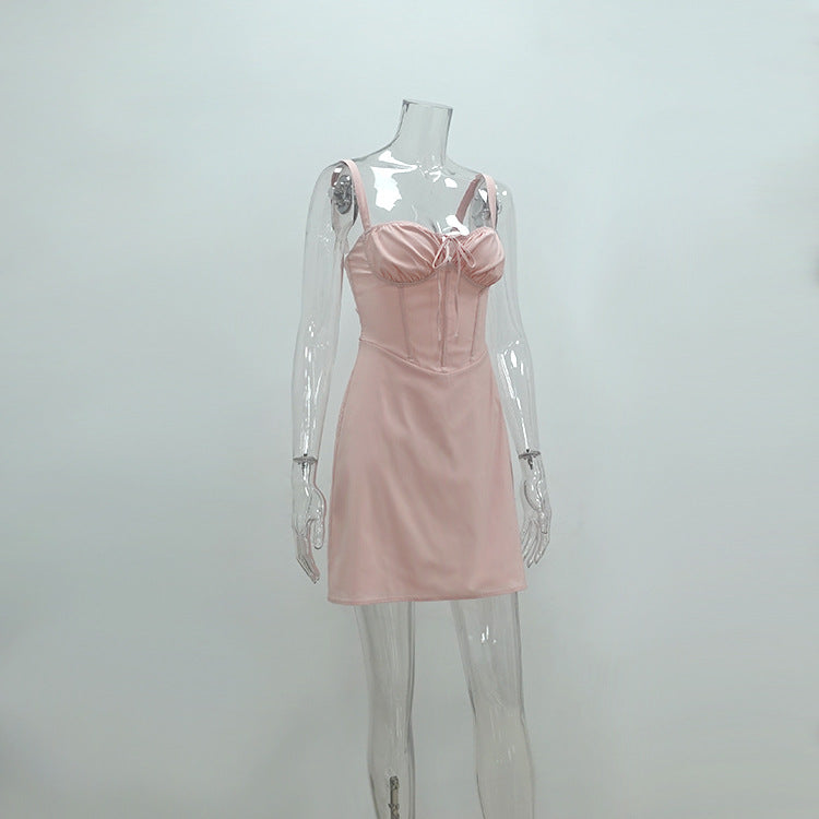 Summer Women Elegant Waist Trimming Short Strap Lace up Dress